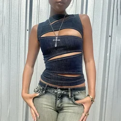 DSMTRC Fashion Sexy Streetwear Slim Imitation Denim Vest Top Summer Solid Color Hollow Slim Tanks Women's Sleeveless O Neck Vest