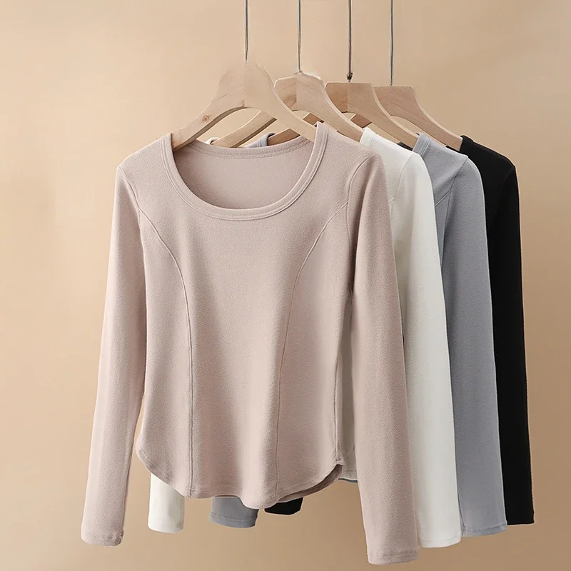 

2024 Autumn and Winter New T-shirt Tight and Thin Thermal Underwear Fleece Thickened Bottoming Shirt Self-heating Long-sleeved