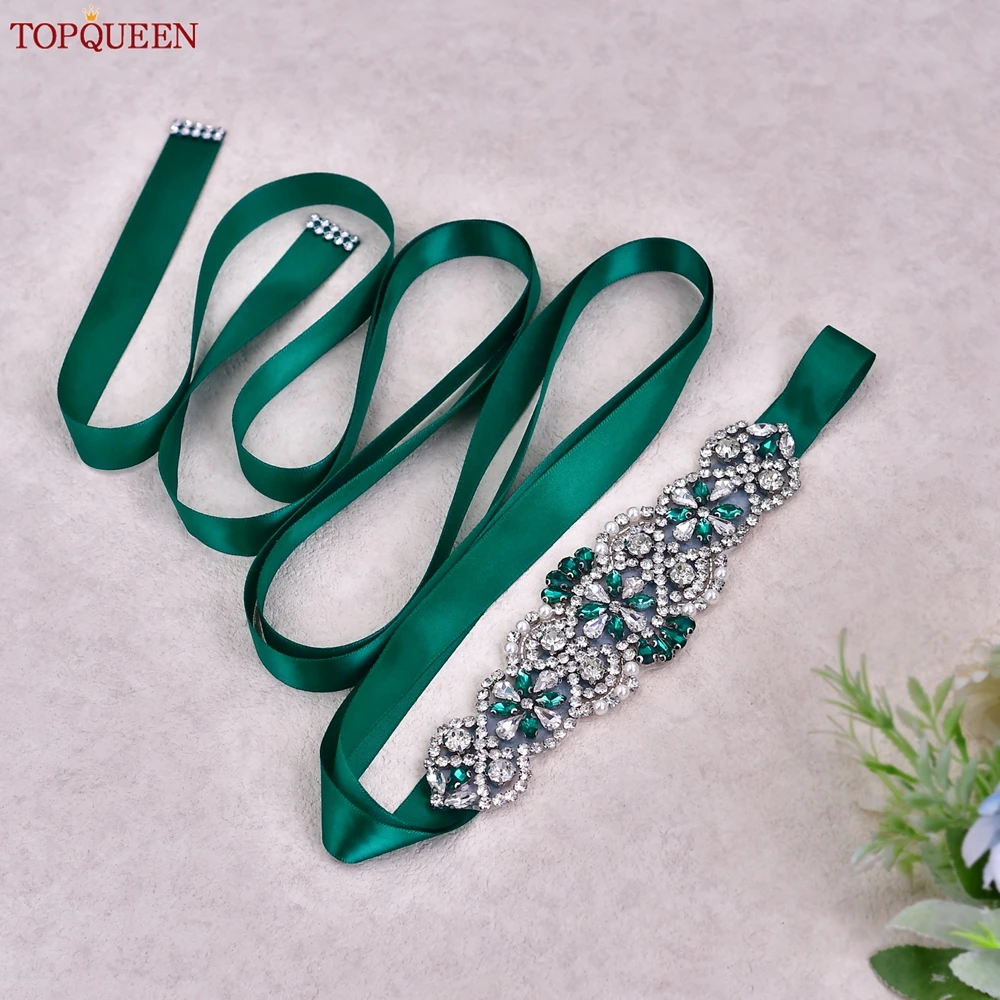 TOPQUEEN Emerald Gemstone Wedding Belt Affordable Bridal Sash Lace Bow Banquet Evening Dress Waist Decoration S104-KL