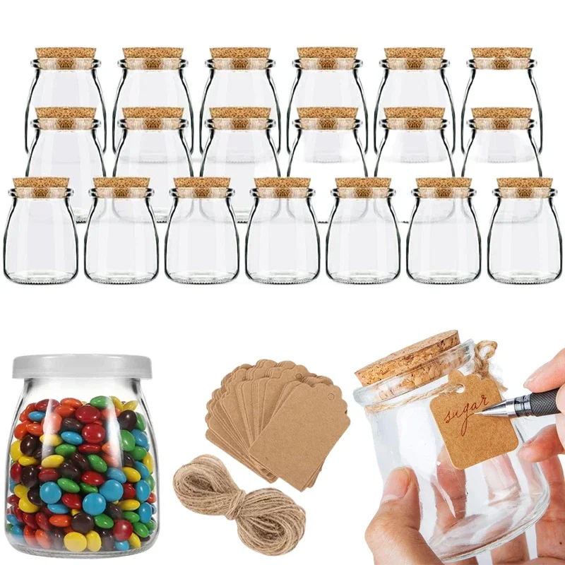 10Pcs Empty 100/200ML Glass Storage Jars with Cork Lid Glass Containers  w/ Tags and Ropes For Pudding Jam DIY Candle Decorative