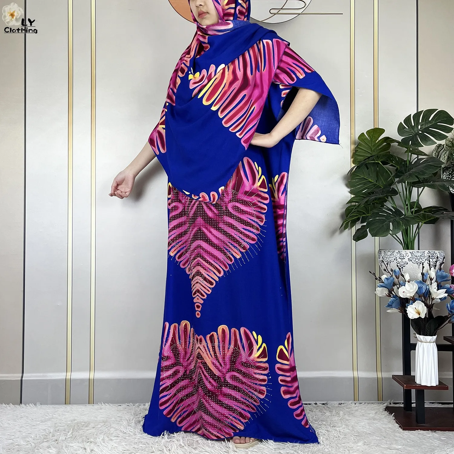 2024 Newest Muslim Party Dress With Big Scarf African Abaya For Women Loose Diamond Printed Floral Maxi Islam Femme Elegant Robe