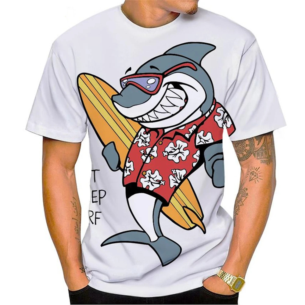 New Hot Sale Shark Surf Shark 3D Printing Men's Short Sleeve T-Shirt Fashion Casual Harajuku Style Shark Art Short Sleeve Tops