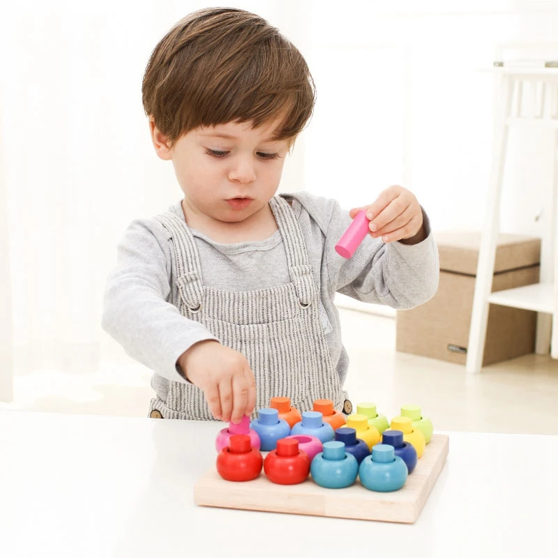 Wooden Color Sorting Stacking Rings Board Educational Learning Counting Toys Puzzle Games For Preschool Kids Toddlers