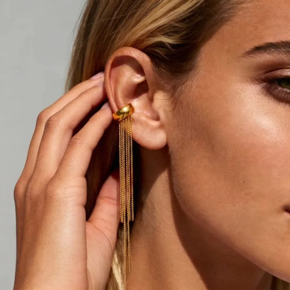 Luxury Long Chain Tassel Ear Cuff Stainless Steel Gold Color Ear Clip Single No Piercing Ear Wrap Charms Jewelry