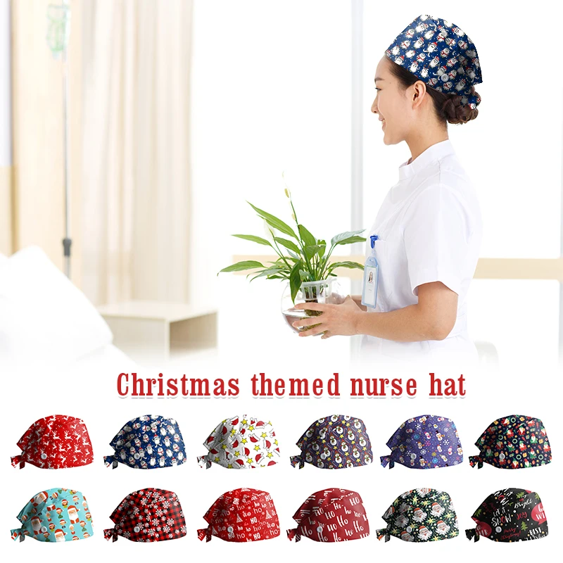 Unisex Scrub Cap Cartoon Kerst Print Scrubs Hoed Vrouwen Knopen Schoonheidssalon Apotheek Caps Lab Arts Chirurgische Pet