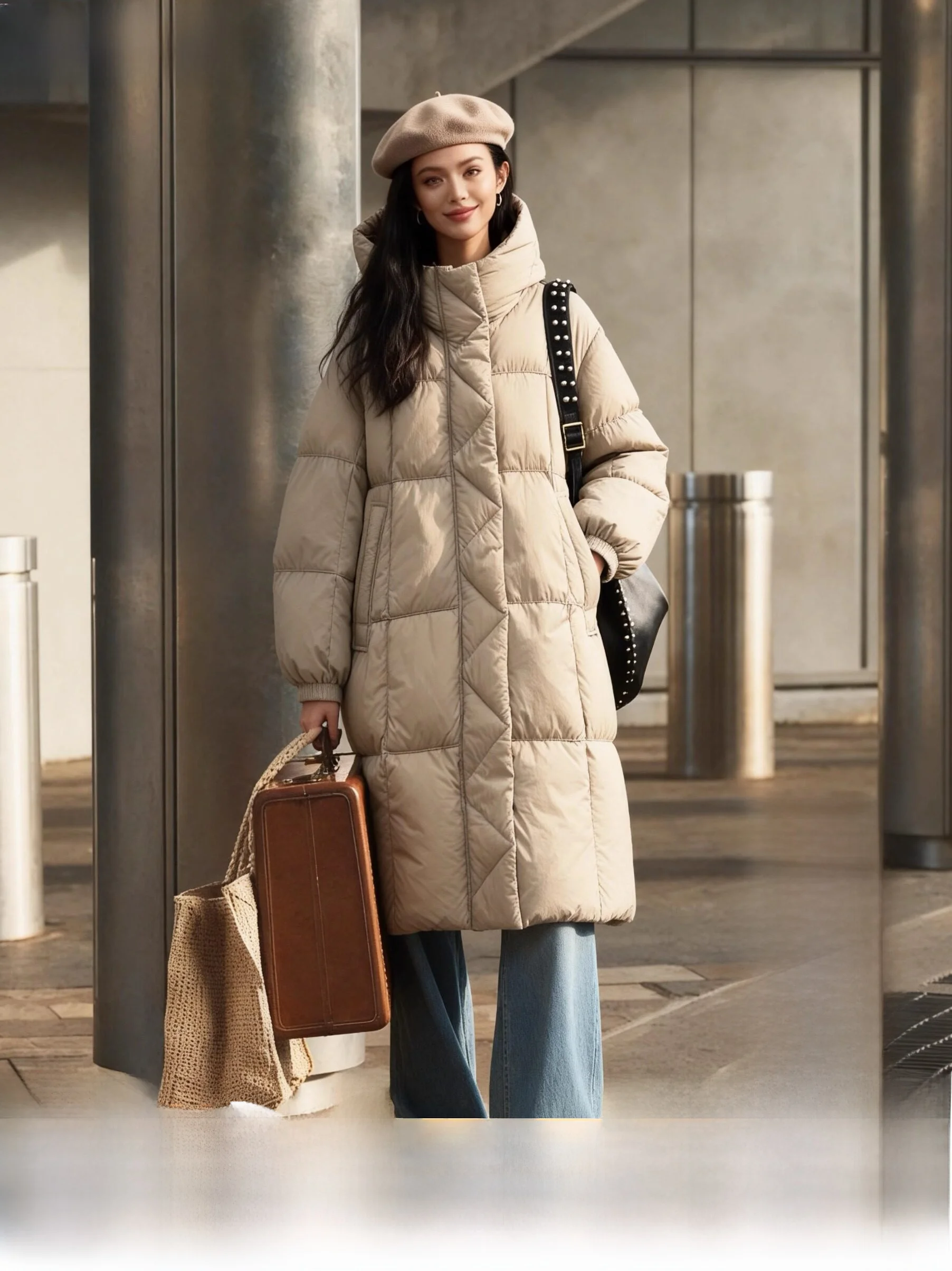 

Soft Godd 90 White Goose down Hooded Jaet Simple Design Puffy Camel Color Goose down Coat Casual Straight Cut Nylon Fabric