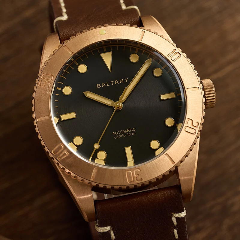 Baltany Diving Wristwatches Men 44mm  NH38 Automatic Sapphire Crystal Leather Stainless Steel 20ATM Mechanical Bronze Watches