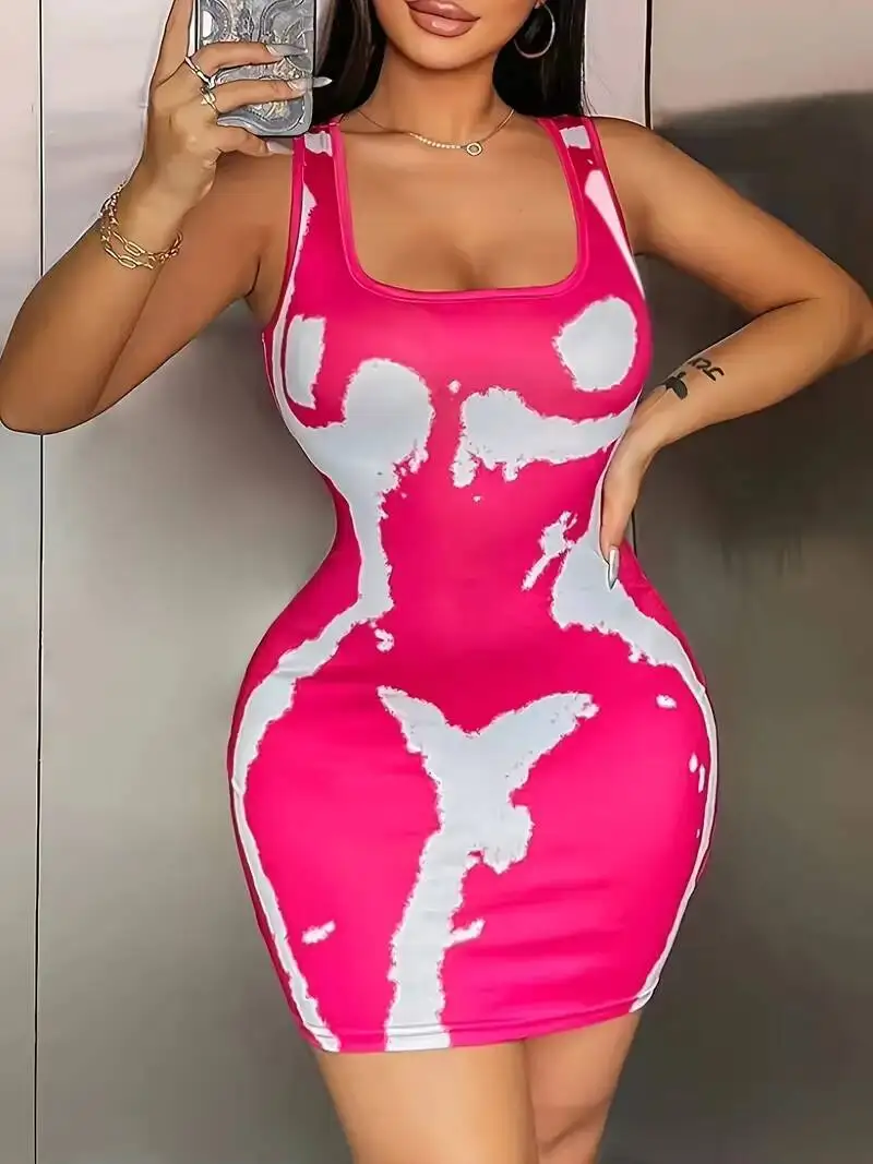 

Мини-платье для женщин, весна-лето, ярко-розовое, с эффектом тай-дай, без рукавов, с квадратным вырезом, облегающее, сексуальное, для вечеринок, клубов, свиданий