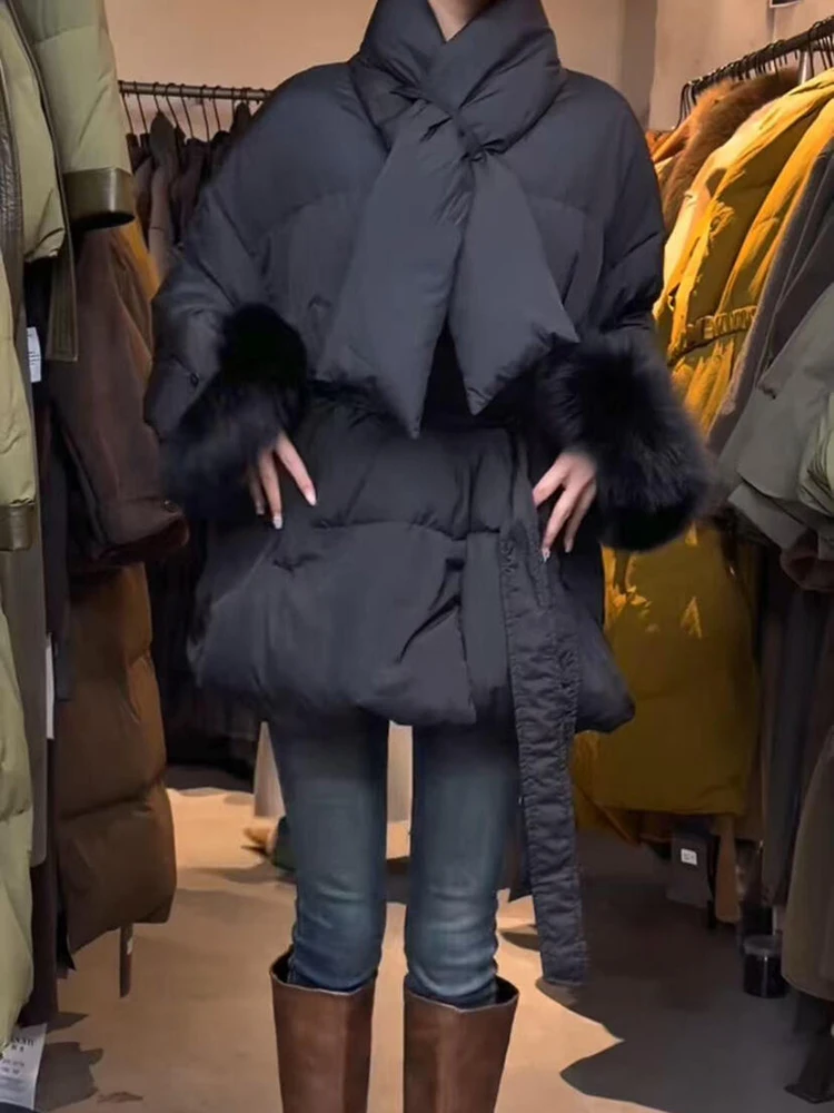 Зимняя теплая пуховая куртка с хлопковой подкладкой, женские куртки с шарфом и воротником на шнуровке, женская модная повседневная свободная верхняя одежда средней длины