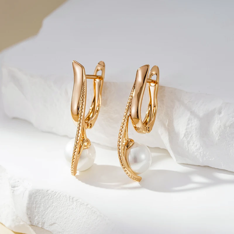 Kinel Luxury Pearl Long Drop Earrings For Women 585 Rose Gold Color Fine Wedding Jewelry Trendy Easy Matching Dangle Earring