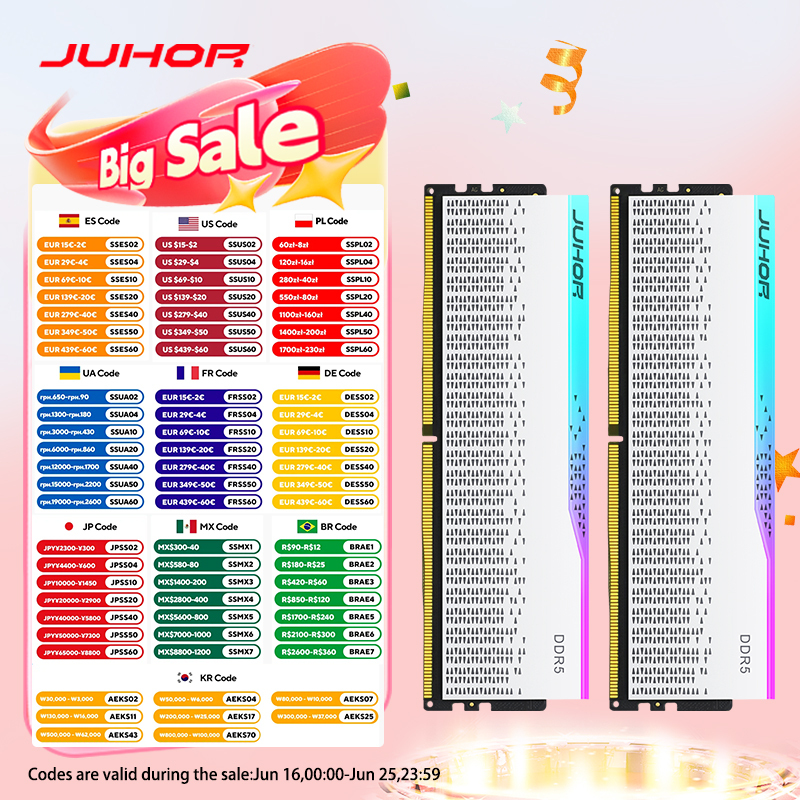 JUHOR Desktop Memory RGB DDR5 16GBX2 6000MHz 5600MHz Dimm High speed Memoria Ram