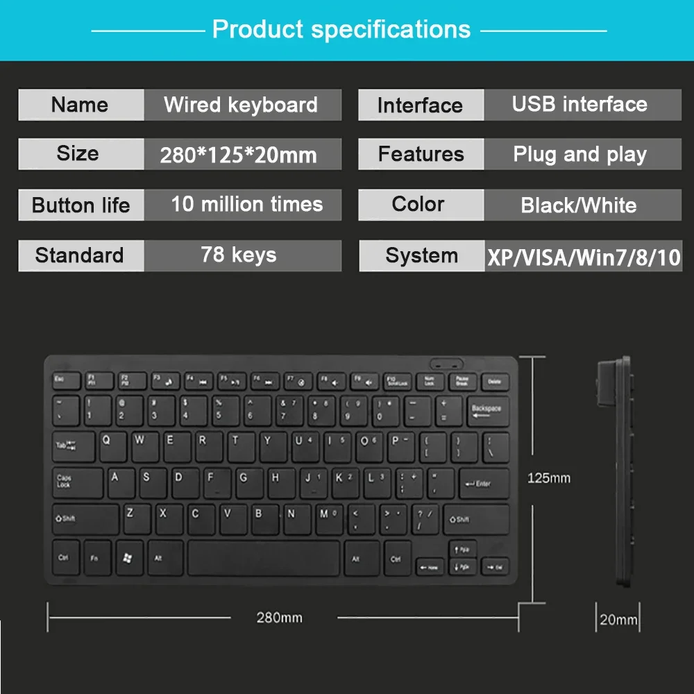 78 Keys Ultra-Thin Wired Keyboard USB 2.0 Mini Multimedia PC Laptop Gaming Keyboard for Office Desktop Laptop Plug and Play