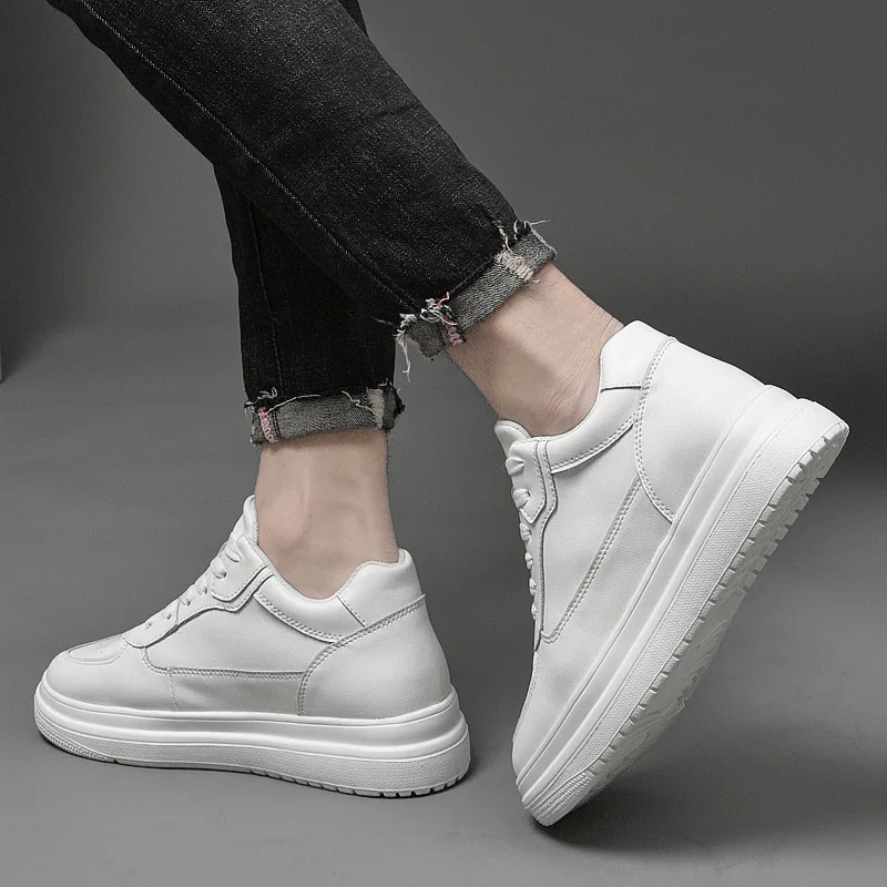 Inner Height Increase Men Shoe White Black High-top Leisure Fashion Sports Board Shoes Flat Heels Plus Size 45 Leather Ventilate