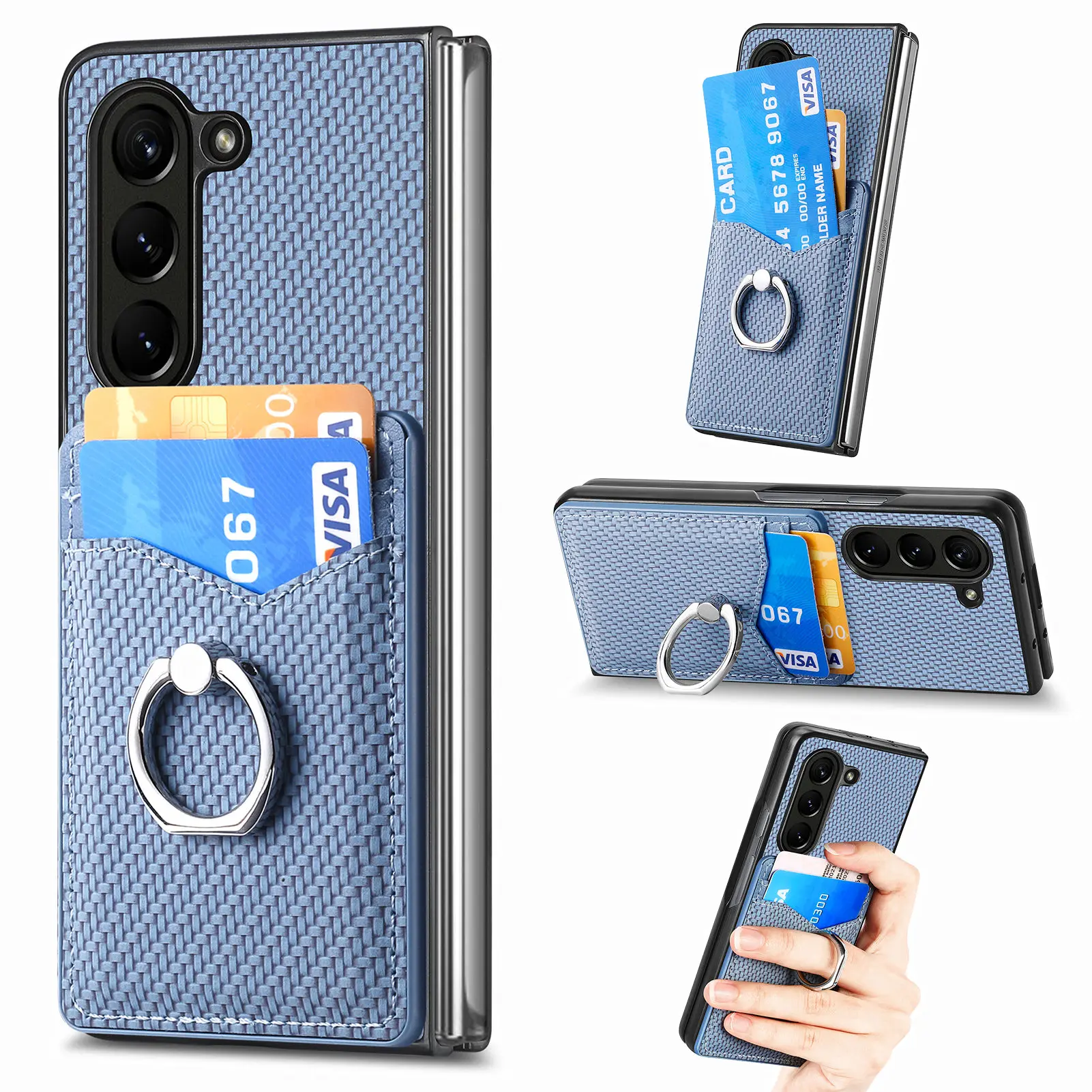 Ring Holder Cards Solt Wallet Case for Samsung Galaxy Z Fold 5 4 3 5G Fold4 Fold5 Kickstand Carbon Fibre Magnetic Bag Slim Cover