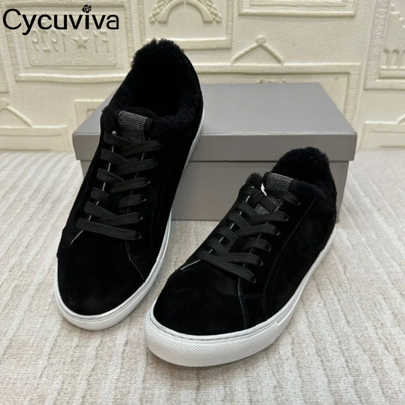 Winter Warm Comfortable Flat Fur Sneakers Women Thick Sole Lace Up Wool Walking Shoes Casual Party Vacation Fur Shoes For Women