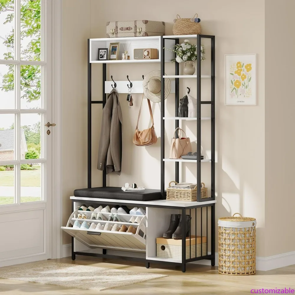 

Hall Tree with Bench, Coat Rack, and Shoe Storage for Mud Room, 39.37 x 15.74 x 69.69