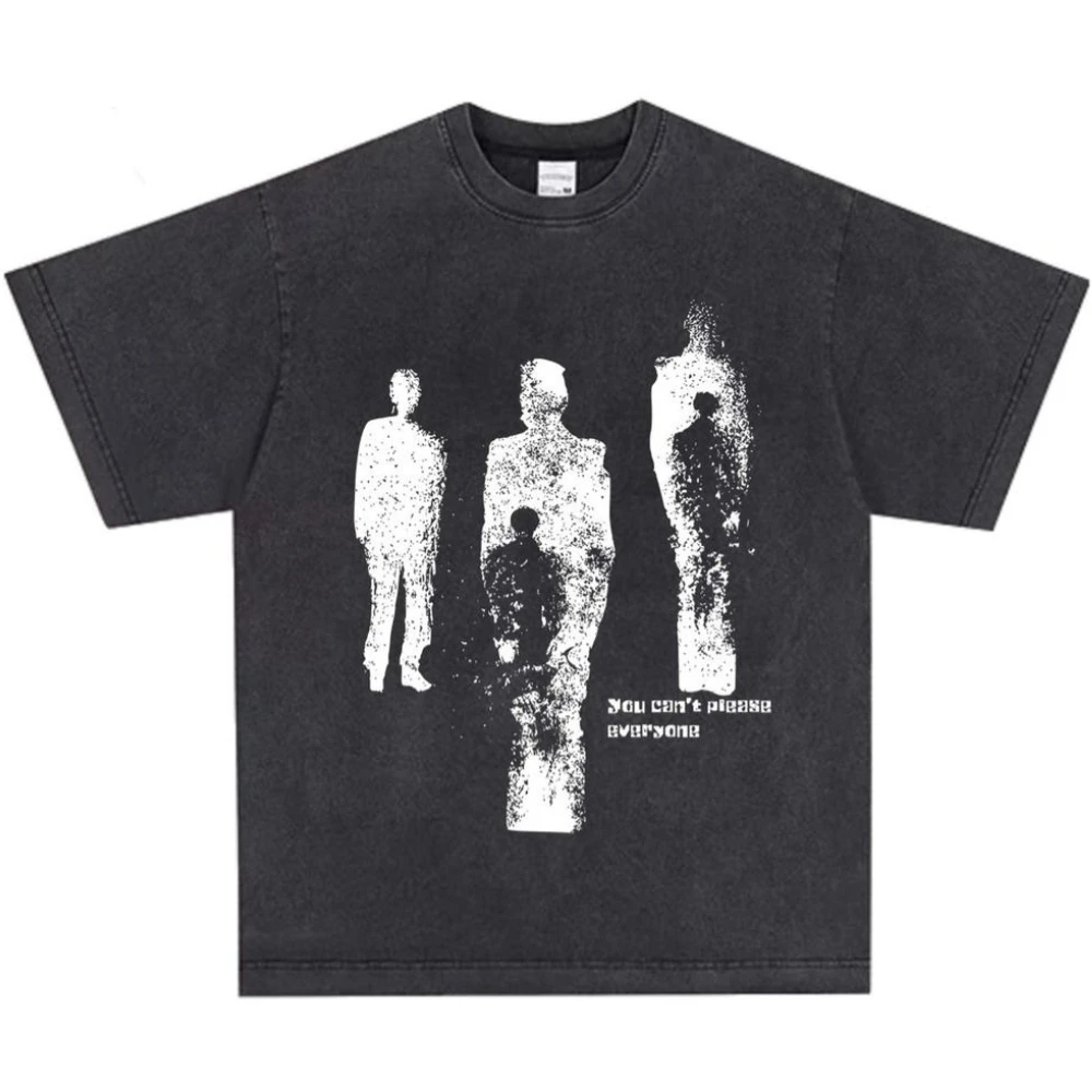 America Vintage Washed Distressed Abstract Figure Print T-Shirt Oversize Grunge Streetwear You Can't Please Everyone Graphic Tee