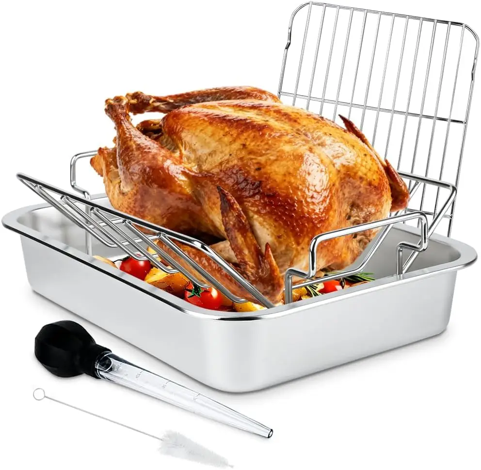 Turkey Roaster Pan, Roasting Rack Holder Set For Kitchen Oven Smoker Grilling, Reversible Rib Meat Broiler Tray With Handles, Modern Style, Silver, 2 Piece Set