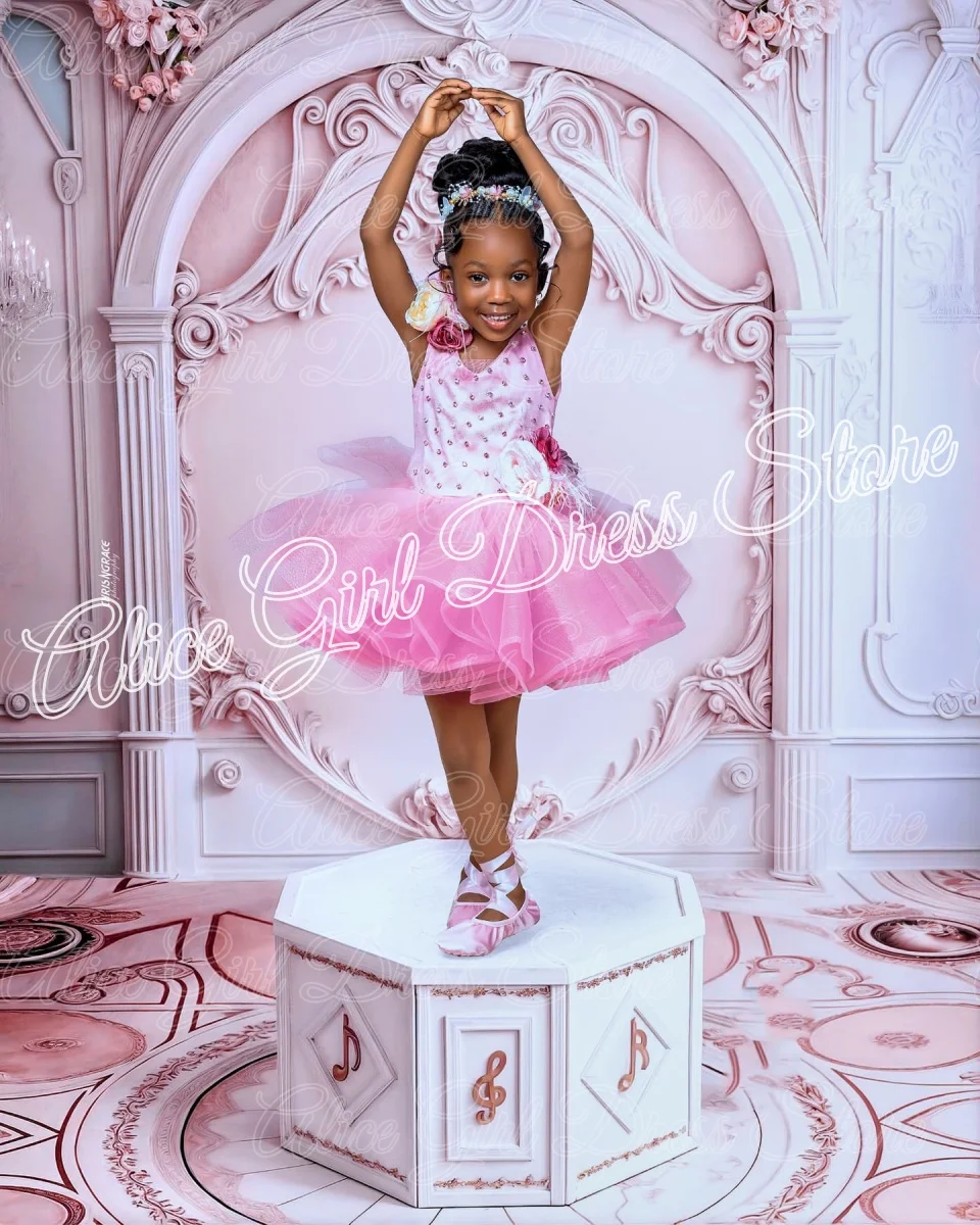 

Customized Lovely Pink Flower Girl Dress for Wedding Floral Puffy Baby Girl Birthday Party Knee Length First Communion Gowns
