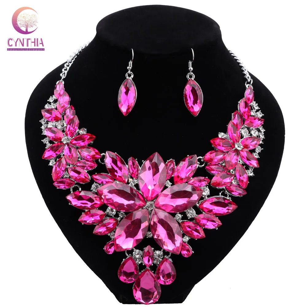 CYNTHIA Fashion Pink Flowers Bridal Wedding Party Prom Costume Jewelry Sets Indian Necklace Earrings Sets for Brides Bridesmaids