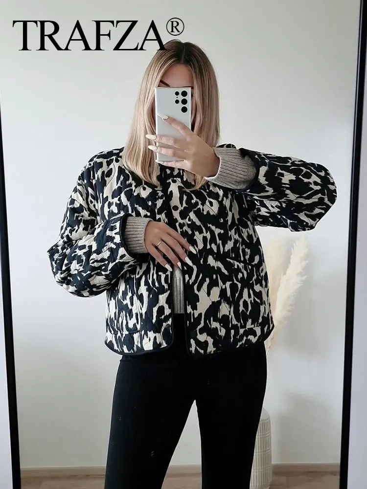 TRAFZA Woman New Fashion Print Winter Coat Long Sleeve Loose Single-Breasted Jacket Female Pocket Streetwear Casual Cardigan Top