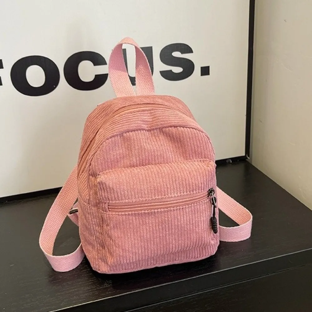 Korean Style Solid Color Corduroy Mini Backpack Zipper Lightweight Double Shoulder Bag Vintage Portable Daypack Ladies