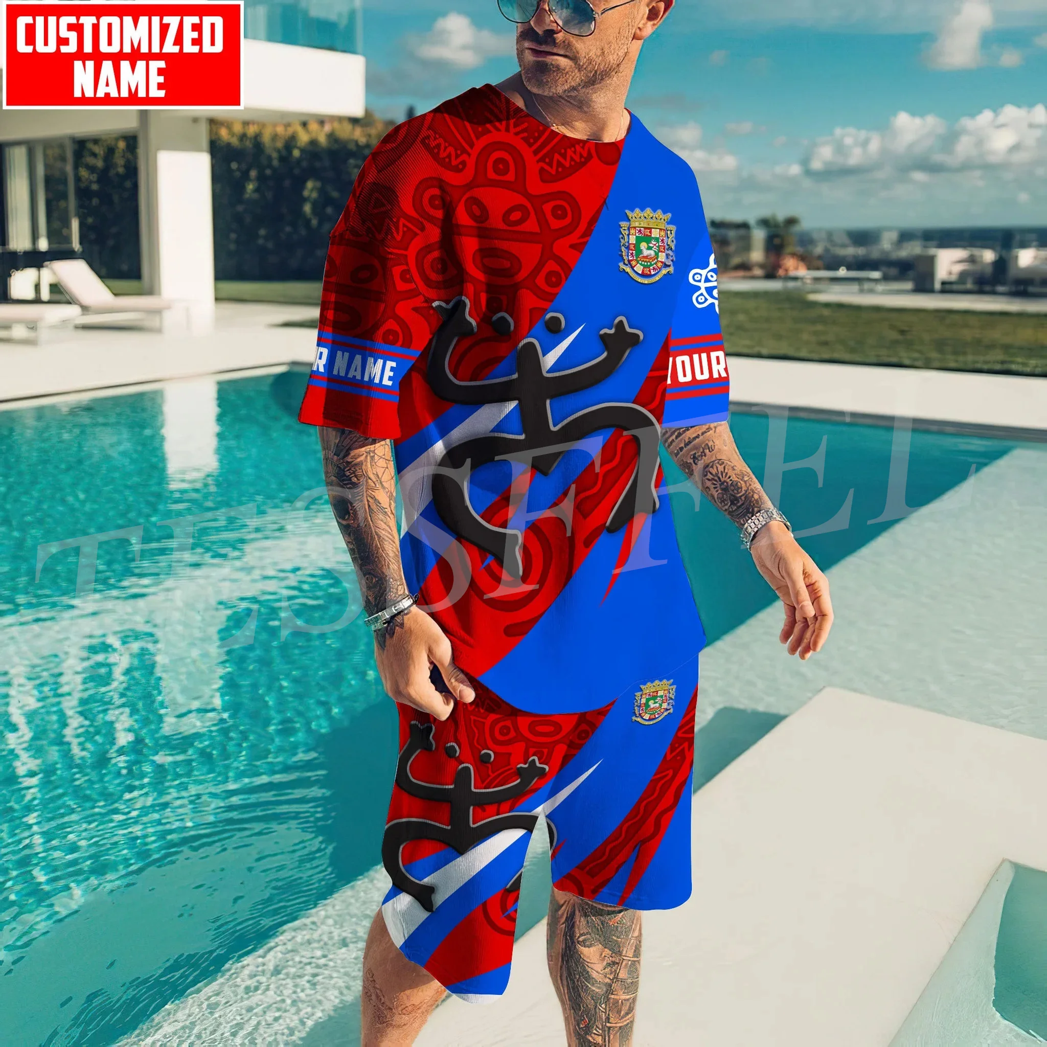 Custom Name Puerto Rico Boricua Taino Country Tattoo 3DPrint Casual Shirts Pants Combo Suits Summer Short Sleeves Streetwear X1