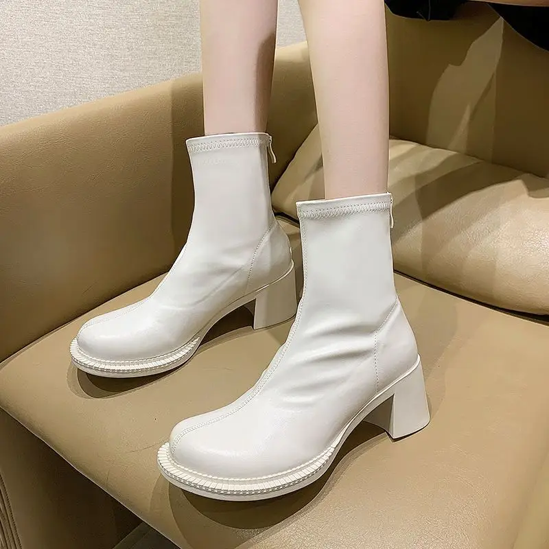 Short Shoes for Women Very High Heels Punk Style Booties Combat Female Ankle Boots White Footwear Heeled Round Toe Fashion 2024