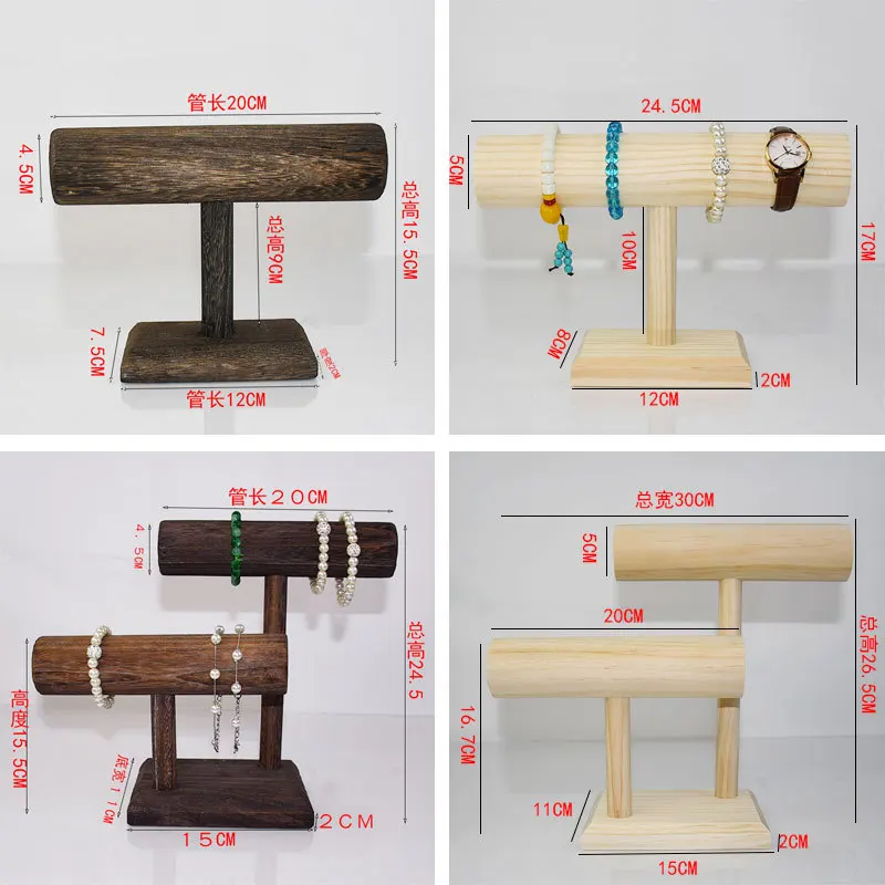 2-Tier Jewelry Organizer Stand, Wooden T-Bar Necklace Rack and Bracelet Holder Display for Selling, Bangle, Watch Tower, Rings