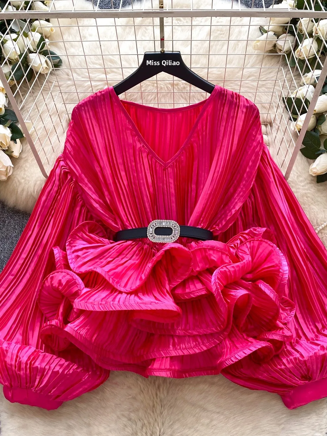 

Silk Long Sleeve Shirt Women's Lantern Sleeve Loose Fit Elegant Oversized Design Sensation Top Gathered Hem Detail
