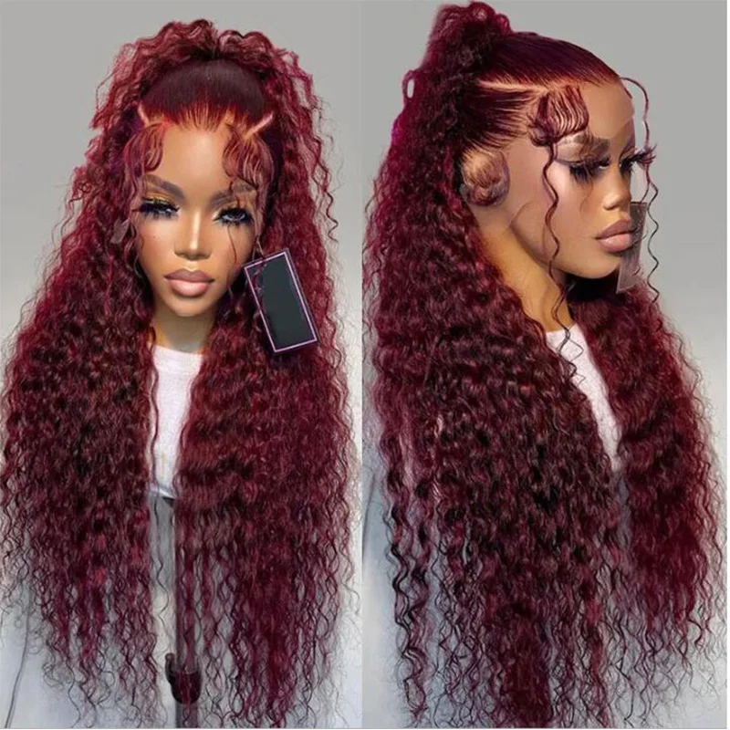 

26Inch Long Glueless Burgundy 99j 180 Density Soft Kinky Curly Lace Front Wig For Women Baby Hair Synthetic Preplucked Daily