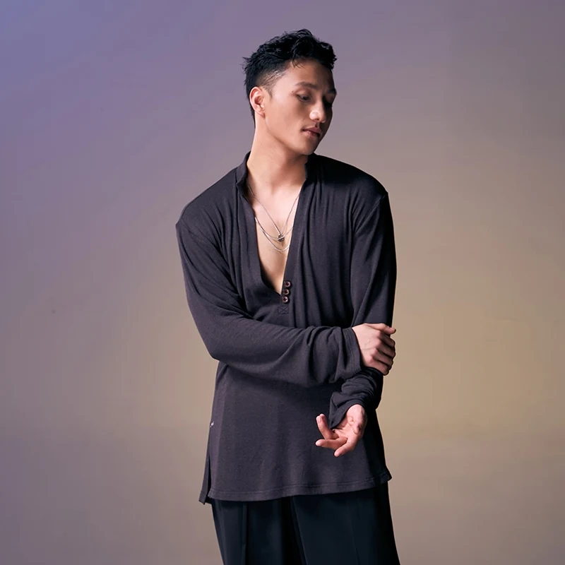 Male Dance Costumes Latin Dance Tops V-neck Long-Sleeved Shirt Men Latin Practice Clothes National Standard Clothing DN19498