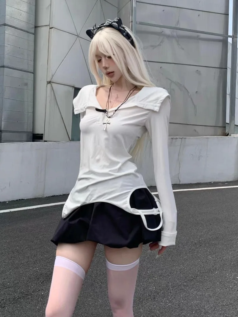 Long Sleeve Tops Women Aesthetic Hole Hooded T-shirt 2000s Style Y2k Cuteore Clothing Korean Popular Clothes New in Slim Tshirts