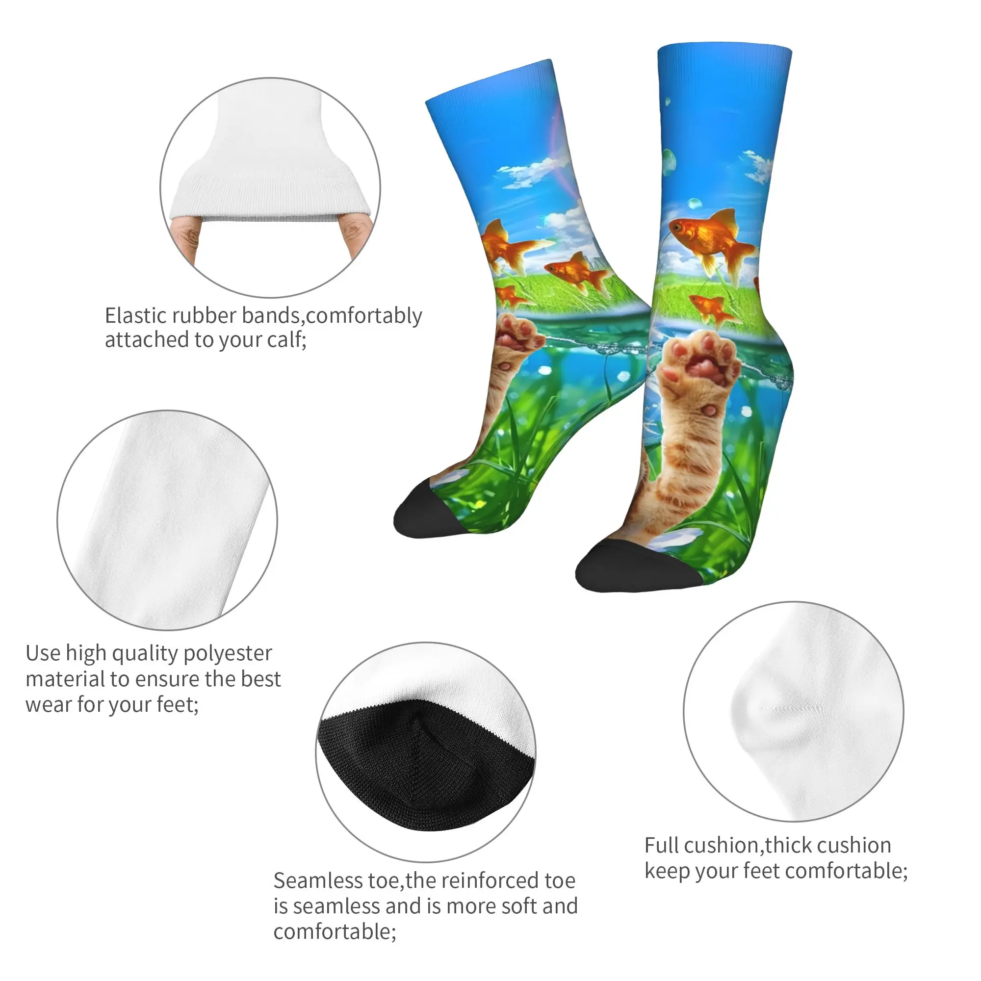 Retro Frutiger Aero Cat Fish Football Socks  Polyester Crew Socks for Unisex Breathable