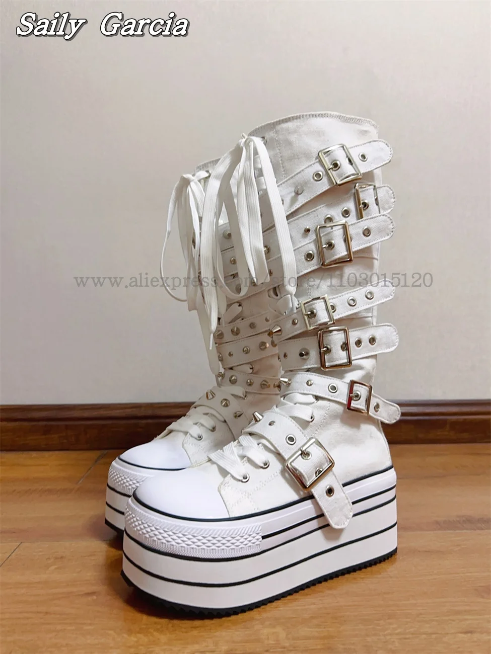 White Canvas Metal Rivet Thick Sole Motorcycle Boots Punk Style Belt Buckle Mid Calf Boots Round Toe Platform 8CM Heel Boots