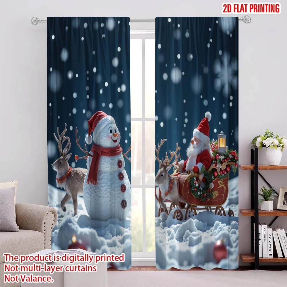 

2pcs 2D flat printing Merry Christmas Curtain Snowmen and deer in winter forest Polyester Without Electricity Festive Holiday