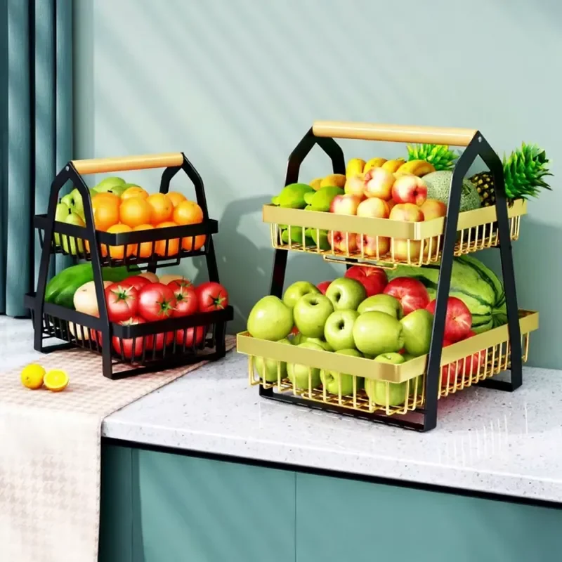 Kitchen Metal Vertical Double Tier Countertop Vegetable Storage Rack with Fruit Basket Portable Non Folding Design