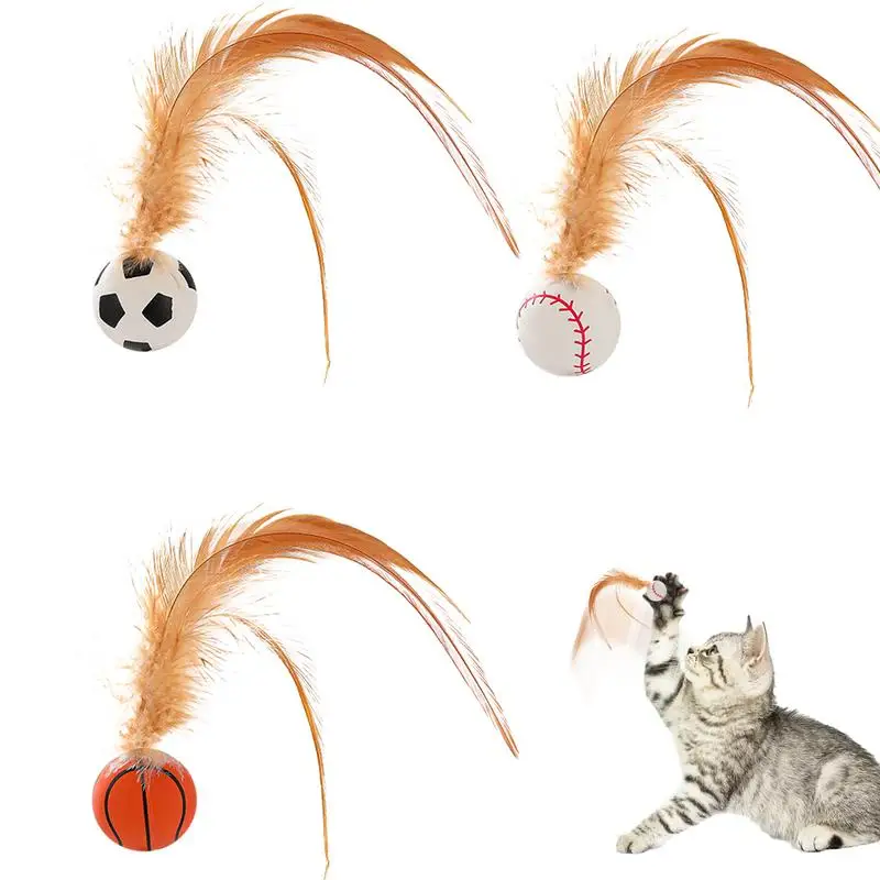 

3 Pcs Cat Feather Balls Rubber Cat Pounce Toy Balls Entertainment Teething Toy With Feathers For Kitten Playing Training Toy