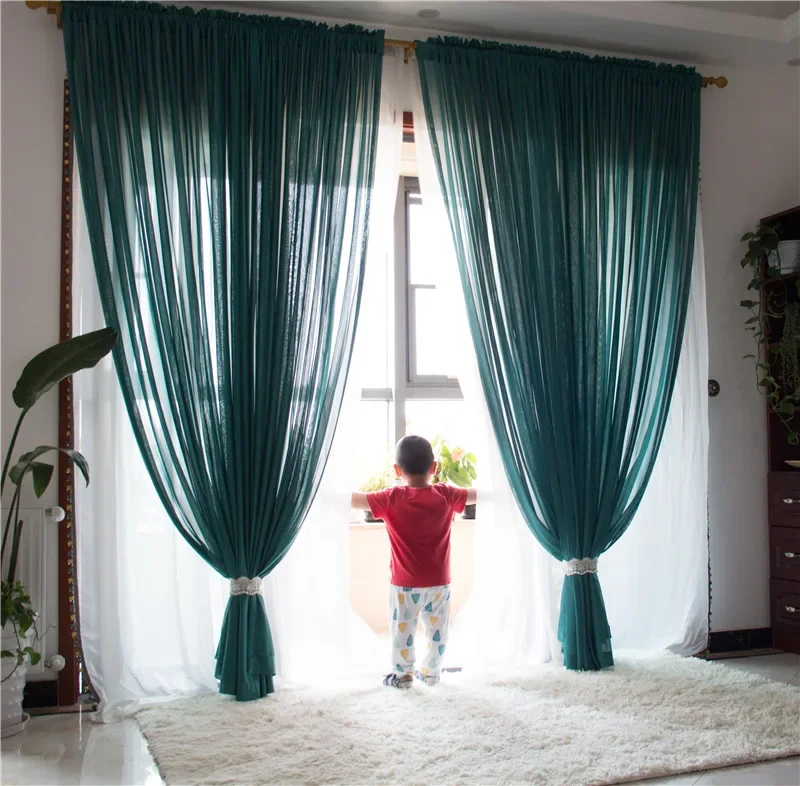 High-grade Curtains For Living Dining Room Bedroom Dark Green American Yarn Anti-hook Luster Anti-cat Claw Balcony Outdoor Tulle