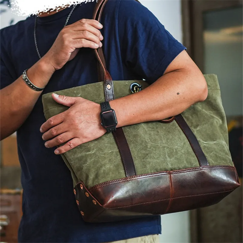 Vintage high quality canvas genuine leather men's tote bag work 13 inch laptop handbag designer luxury weekend shoulder bag