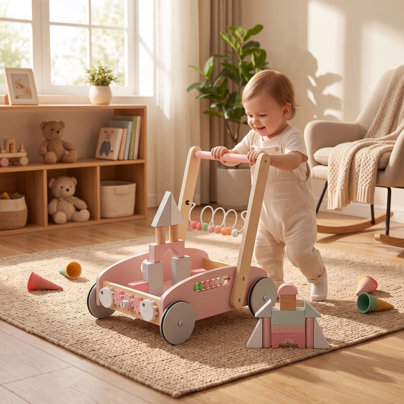 Toddler Push Cart Toy with Blocks Sensory Wooden Baby Toddler Push Cart Interactive Child-Centered for Toddlers, Playroom view 5