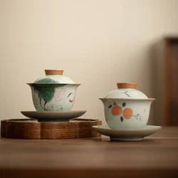 Retro Hand-Painted Gaiwan Tea Cup, Ge Kiln, Single Teaware, Non-Scald, Tea Brewing Bowl,  High-End, Household,Master Tea Set