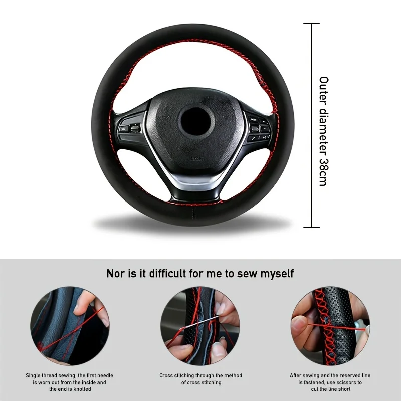 Hand Sewn Suede Car Steering Wheel Cover, Anti-Slip Breathable Steering Wrap with Needle Thread, Universal 15 Inch, Black Red