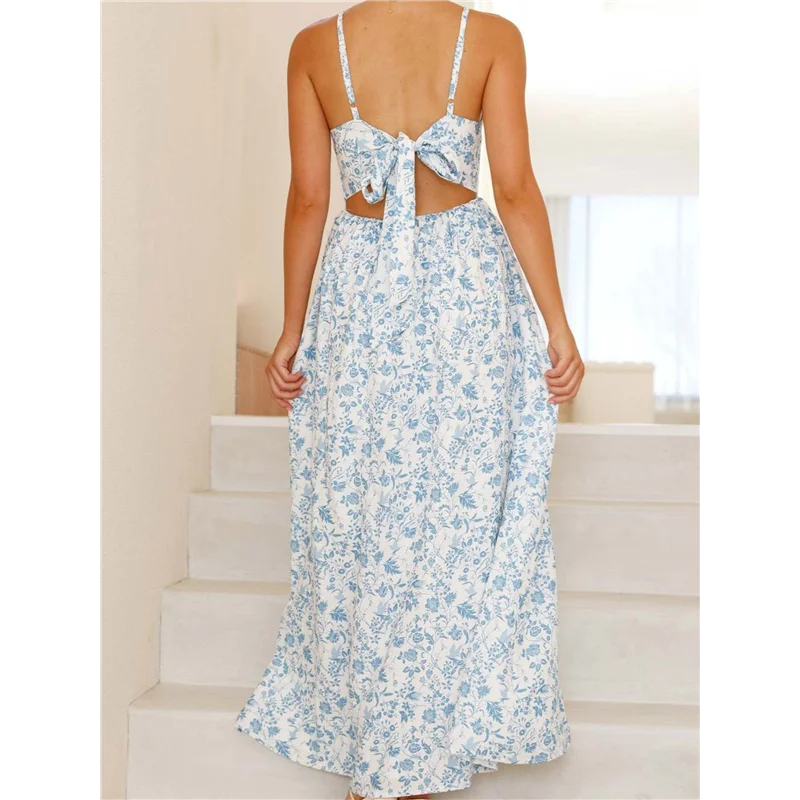 【ดู】ชุดเดรสแม็กซี่เดรสฤดูร้อนของผู้หญิงปี 2025 แขนกุดลายดอกไม้ Smocked Boho Beach Long Dress