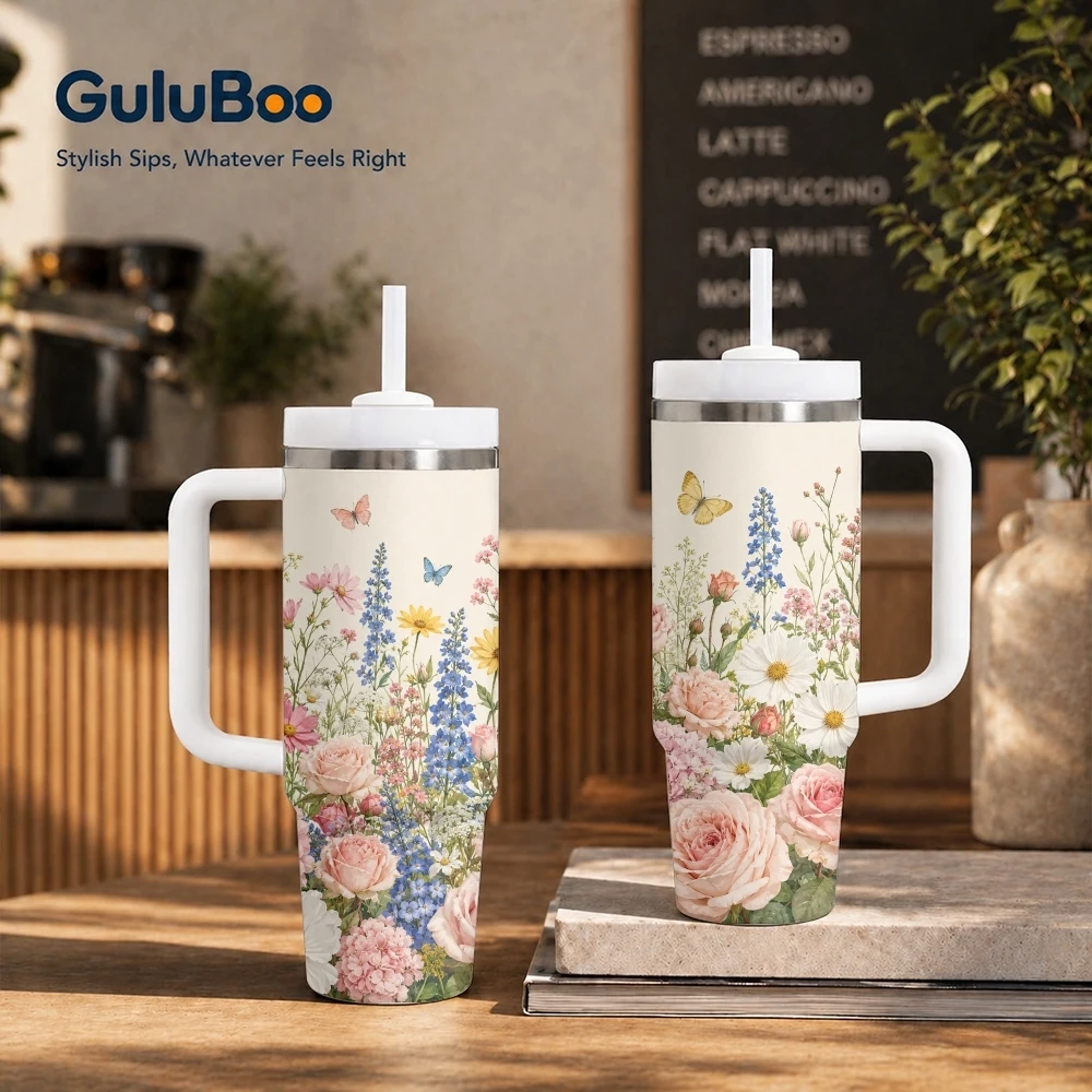 Pastel Garden Floral Border Vacuum Flasks 40oz Stainless Steel Insulated Tumbler with Handle & Straw Leakproof Travel Mug