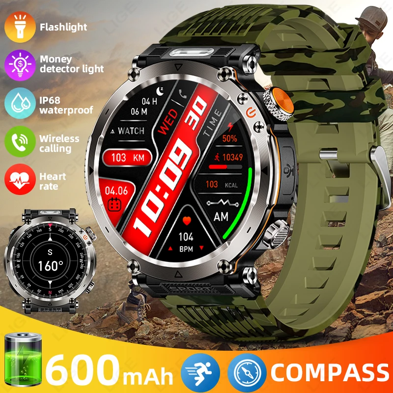 

LIGE Outdoor Sports Fitness Tracker LED Flashlight Compass Smart Watch 2025 New Bluetooth Call Heart Rate Monitor Smartwatch Men