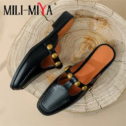 MILI-MIYA Fashion Full Genuine Leather Mules Thick Heels Women Round Toe Pumps Slip On Metal Rivets Big Size 34-40 Handmade