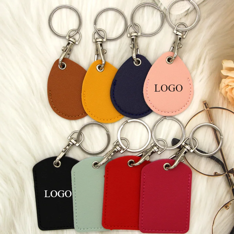 

Custom Print Logo Water Drop Leather Keychain Engrave Bus Door Card Protection Cover Rectangle Key Chain Personalize Bag Keyring