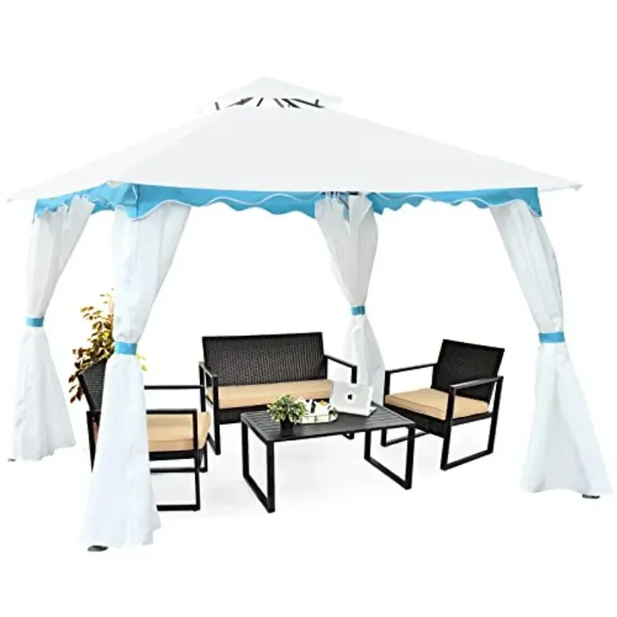 10 x 10 ft Patio Steel Gazebo Outdoor  Gazebo with Side Walls Zippers 2 Tier Vented Roof Blue Trimming Steel  Gazebo for Patio