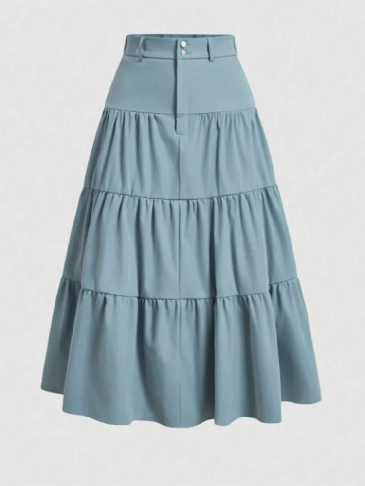 

Elegant Vintage Button Women's Boho Vintage Solid Maxi Skirt Spring Summer Elastic High Waist Pleated Flowy A Line Long Skirts